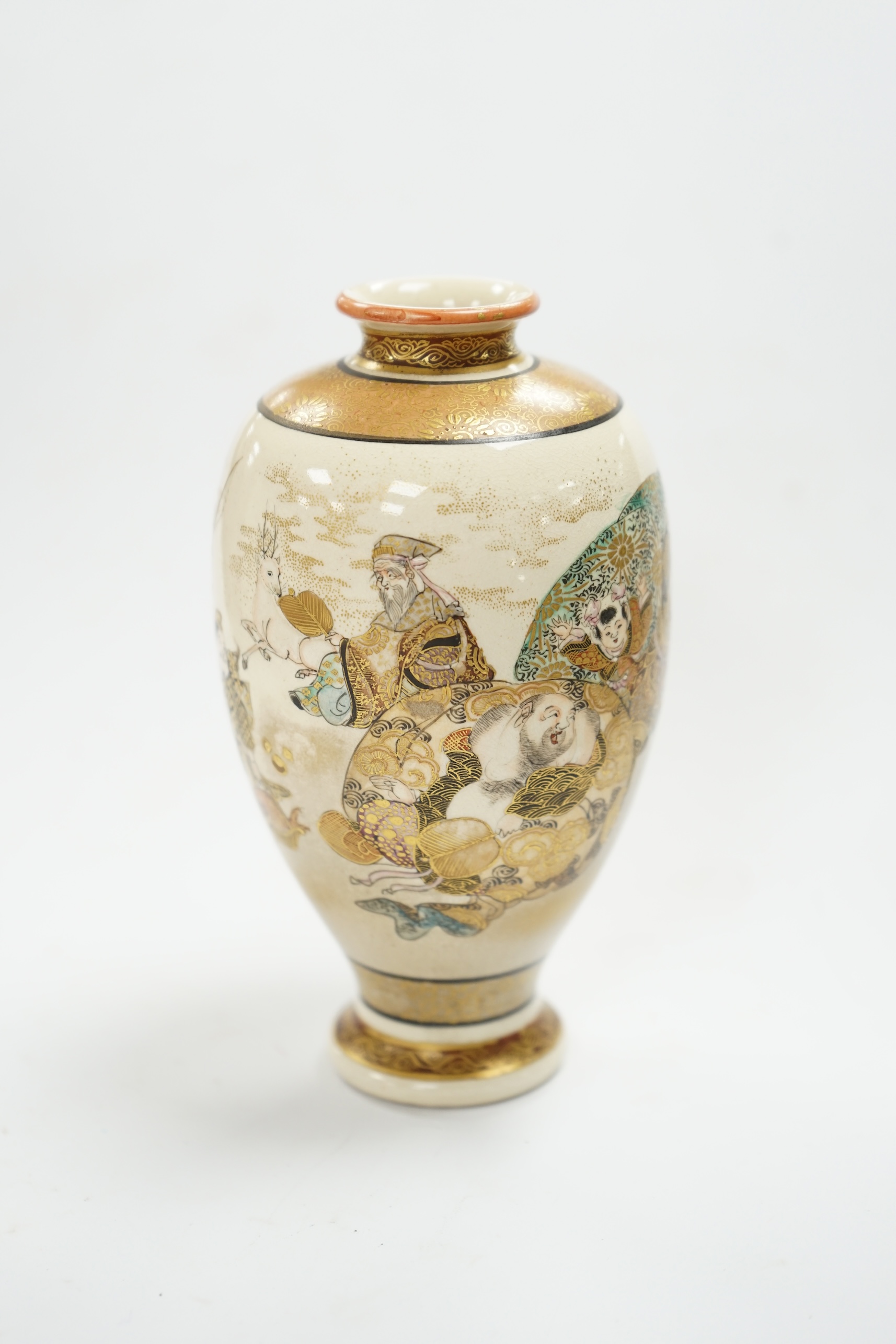 A small Satsuma ovi-form vase, decorated with figures, signature to base, height 13cm high. Condition - good